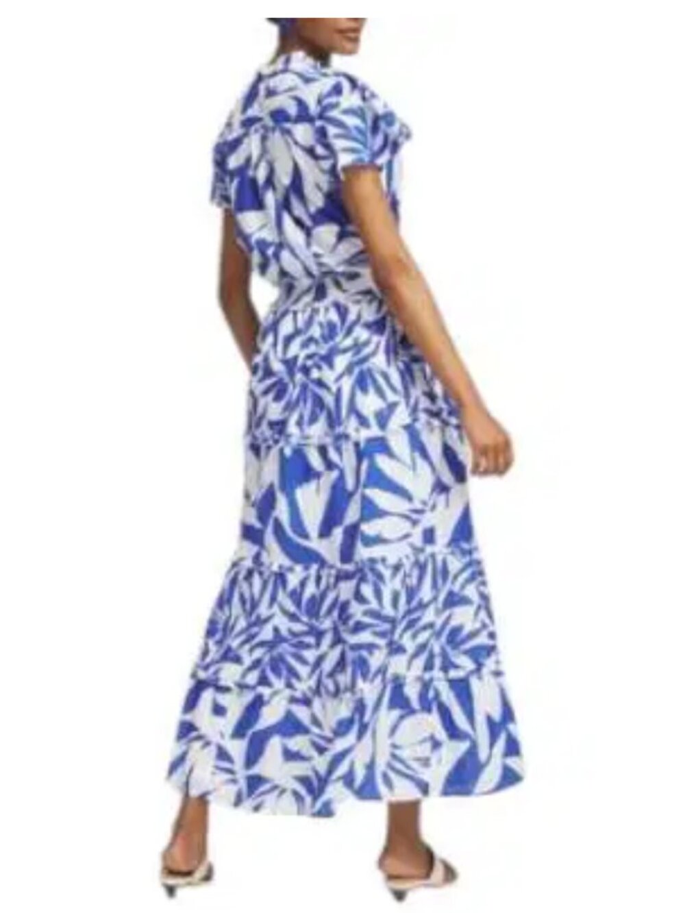 Chicos Flutter Sleeve Smocked Petite Maxi Dress Blue White Clip Dot Sz 16P - Picture 2 of 16